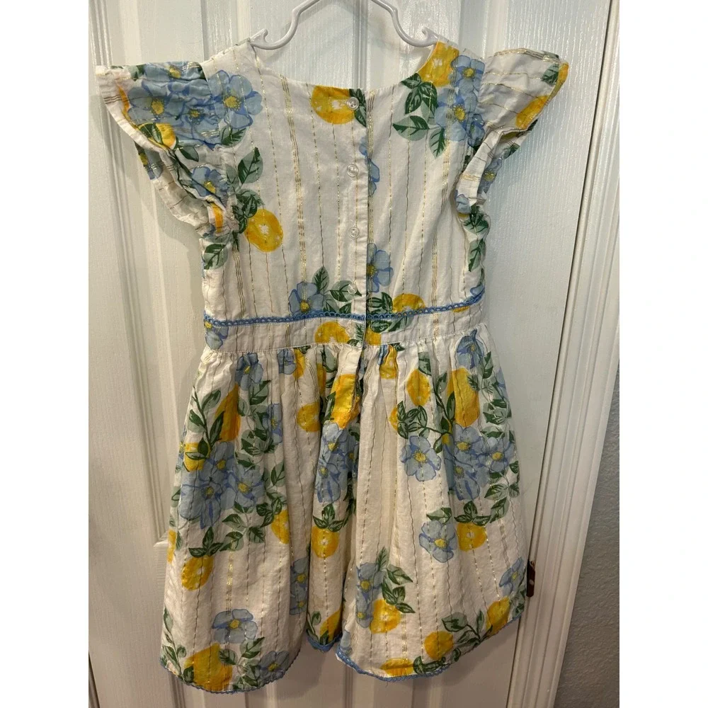 Rachel Zoe Dress White Lemon Floral Gold Metallic‎ Stripe Flutter Sleeve Bin A